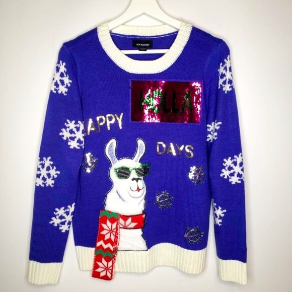 Joe Boxer Women’s 3D Happy Holidays Furry Llama Switching Sequin Blue Sweater S - Picture 1 of 7
